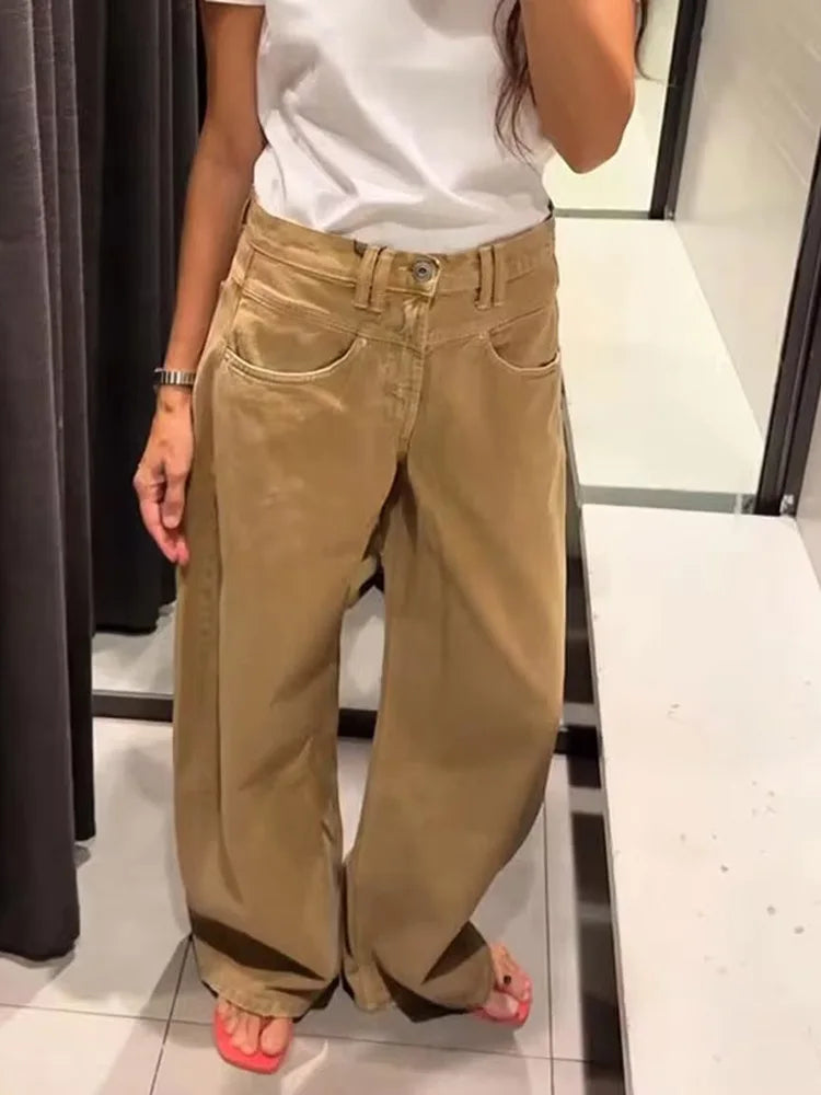 HH Women 2025 Autumn Fashion Vintage Low-waist Wide Leg Jeans Female Solid Color With Pockets Zipper Straight Casual Pants